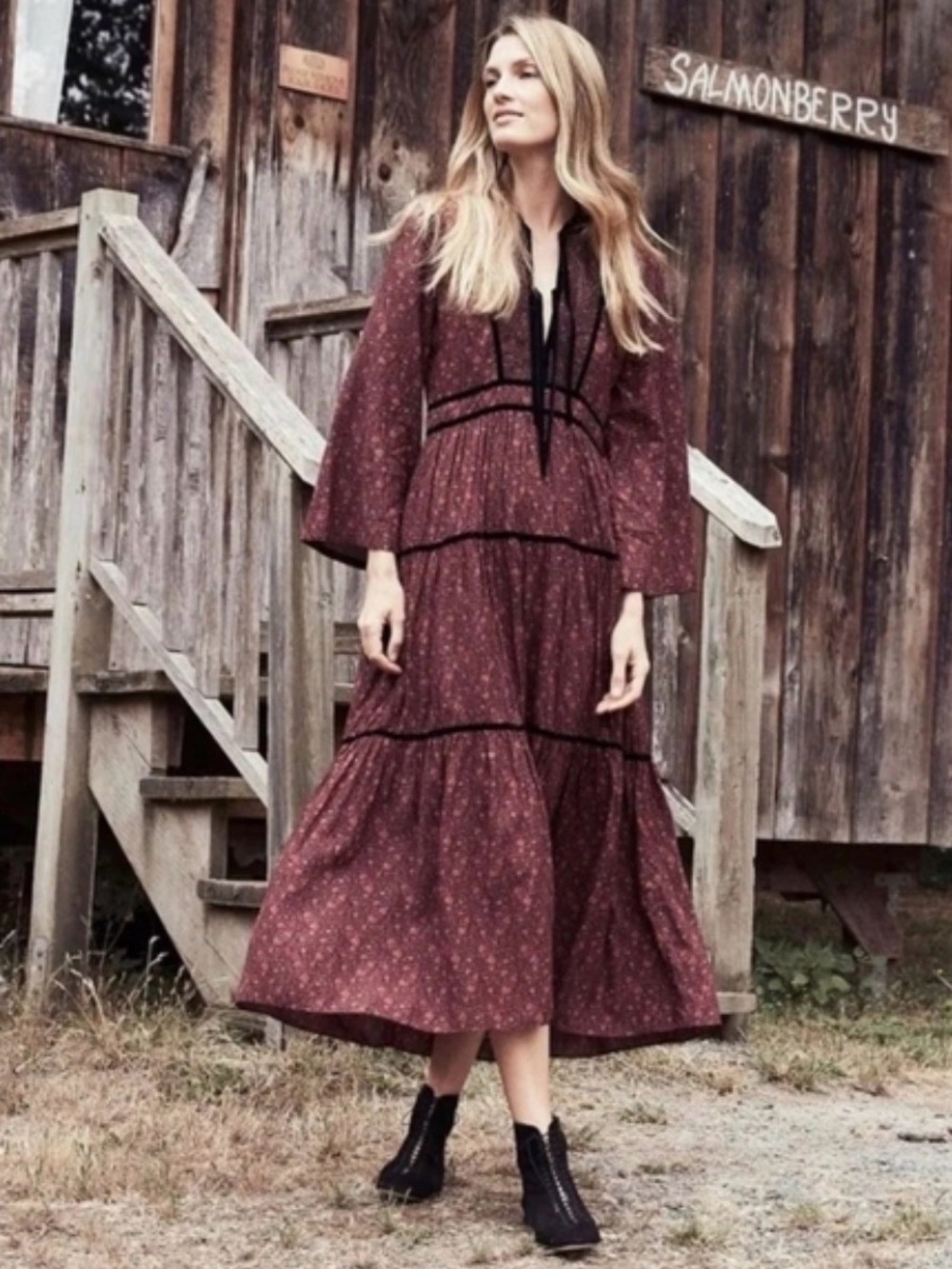 Bohme Women's Burgundy Tiered Boho Dress -